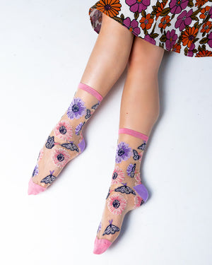 Sunflower Butterfly Sheer Crew Sock